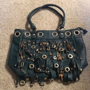 SEGUE PRE-OWNED LARGE BAG GREEN WITH GEMS VEGAN LEATHER TASSELS
